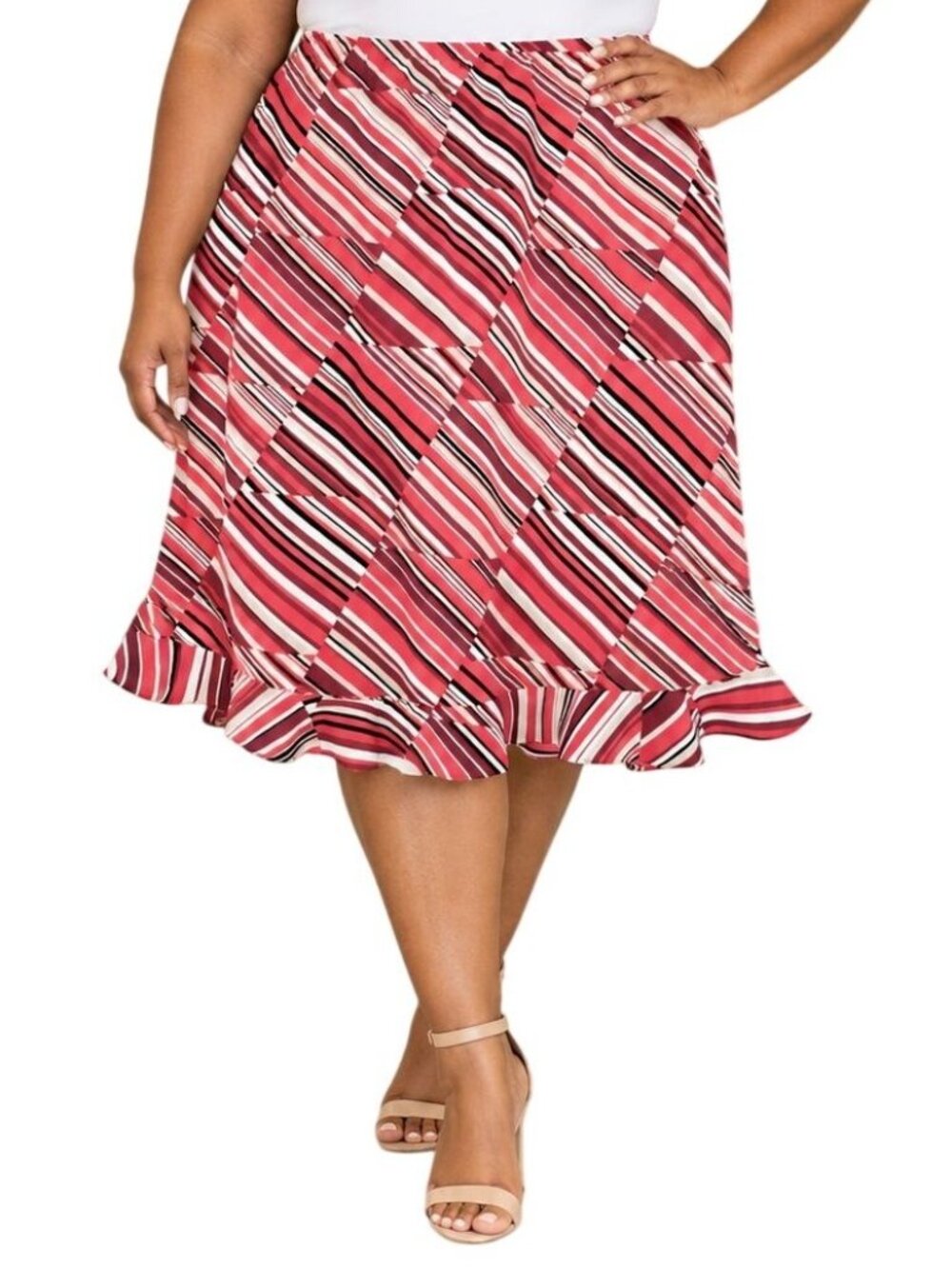 Notations Plus Size 2X Skirt Striped Ruffle Hem Red White Stretch Elastic Waist